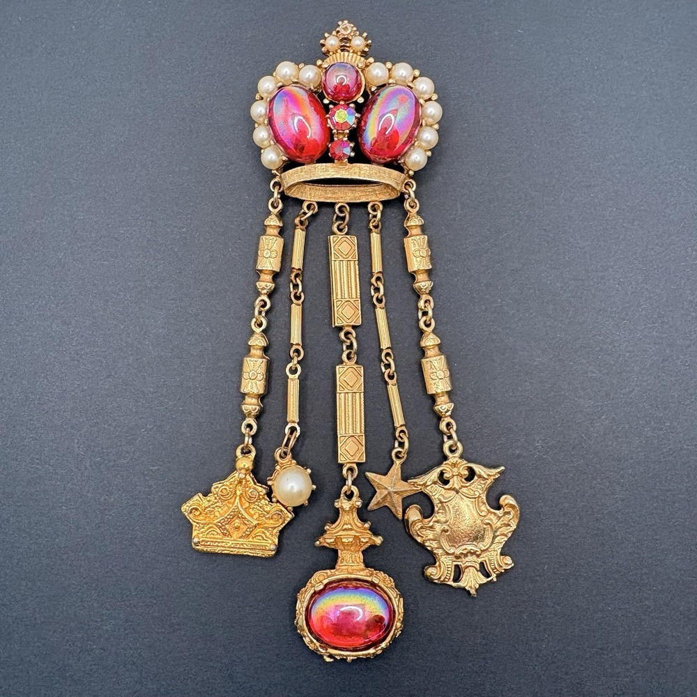 Vintage Victorian Style Crown Chatelaine Dangle Brooch Iridescent Pearl READ 5"
